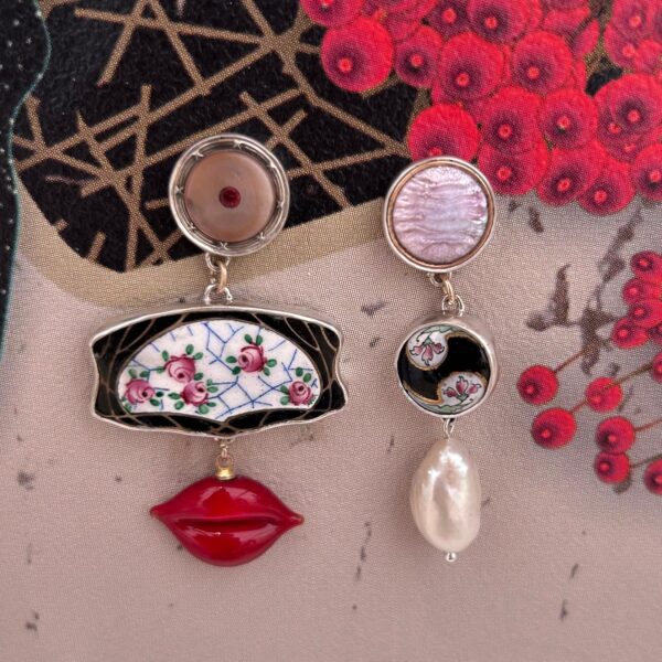 Antique enamel buttons and lips earrings