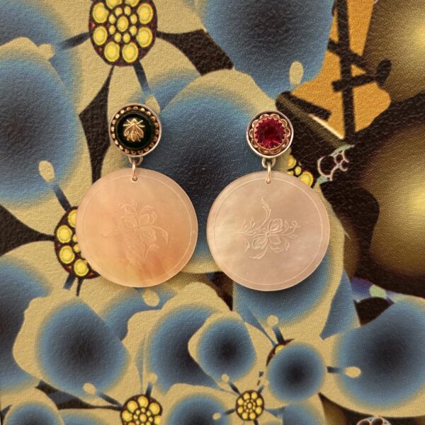 Antique bee and glass button earrings