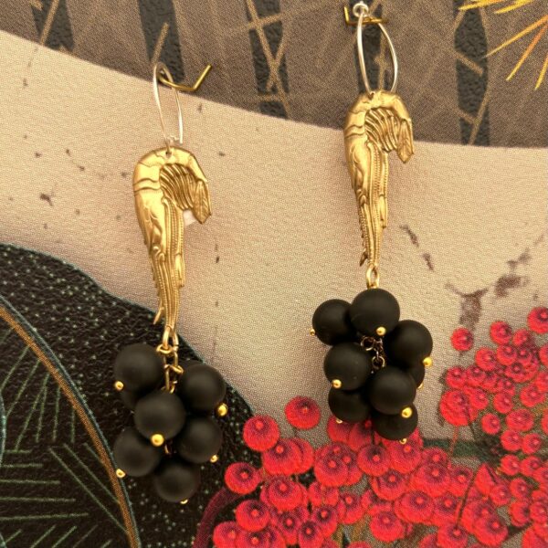 Brass shrimps and black glass earrings